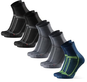 DANISH ENDURANCE Quarter Laufsocken, 5 Paar Knöchelhohe Sportsocken, Atmungsaktiv, Unisex, für Damen & Herren, Mehrfarbig (2x Schwarz/Grau, 2x Grau/Schwarz, 1x Blau/Gelb), 43-47