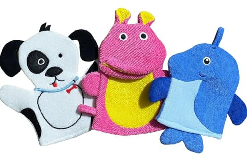 Baby-Waschhandschuh, niedliches Tier-Design, Baby-Badehandschuh, Kinder-Waschhandschuh macht das Baden mehr Spaß (Fische, Nilpferd, Hund), 3 Stück