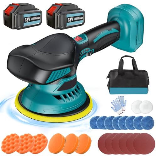 Polisher Buffer Cordless Car Furniture Polishing Machines, 6 Variable Speed, Electric Polisher Kit Car Polishers Machines with 2500-6500 RPM, 145mm Base for Auto Sanding Polishing, with 2X 3.0Ah
