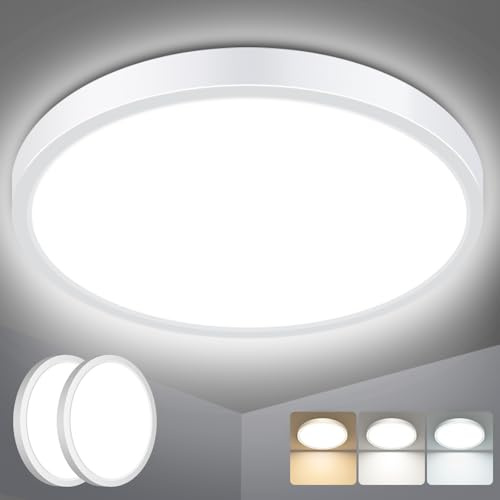 slochi 2 Pack Bathroom Light, 3000K/4000K/6500K 3 Color Temperature, Waterproof, Small, Round, Modern, 18W 2100LM Flush Ceiling Light for Bathroom, Kitchen, Bedroom, Hallway and More,Ø22CM