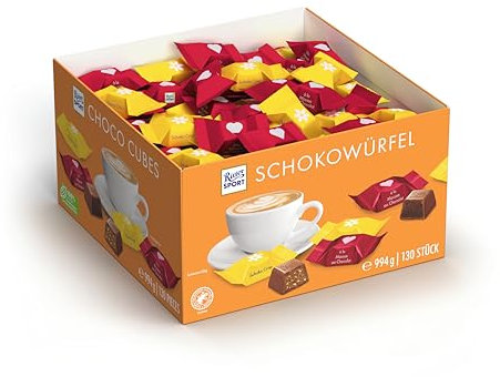 Ritter Sport Schokowürfel Thekendisplay, verschiedene Schokoladenvariationen, für Schokoladenliebhaber, perfekt für Büro, Meetings und gemeinsame Genussmomente, 4 x 130 Stück