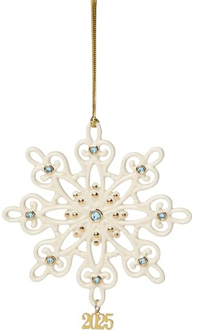 Lenox Ornament, 2025 Gemmed Snowflake Ornament, Porcelain with Gold Accents and Blue Gemstones, Christmas Tree Decorations, Christmas Decoration, Gold Cord for Hanging Included (Cream, 1 Piece)