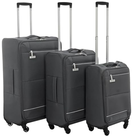 Ultra Light Soft Shell Luggage Set – 3-Piece Trolley Suitcase with 4 Spinner Wheels, Cabin (20), Medium (24), Large (28), Expandable Travel Bags, Front Pockets, Lightweight Design, Grey