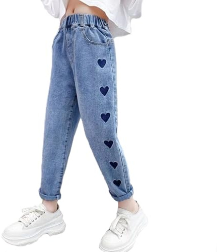 es-uk Casual Elastic Waist Girls Jeans with Back Pockets - Perfect Kids Jeans for Ages 6-12, Comfortable Girls Trousers for Everyday Wear (120, 6-7 Years) Blue