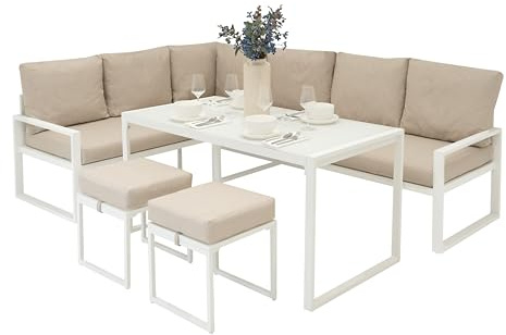 Set Mobili da Giardino in Alluminio 7 Posti Divano Angolare da Esterno con Tavolo da Pranzo in Vetro Temperato e 2 Sgabelli, Cuscini Lavabili, Copertura Impermeabile Inclusa - Bianco