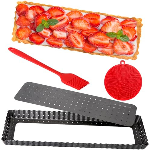 Quyimy Tart Tin 36cm Quiche Dish, Perforated Carbon Steel Quiche Pie Tin with Loose Bottom, Non-Stick Holed 14 Inch Tart Pan Flan Tin with Removeable Bottom with Oil & Dish Brush