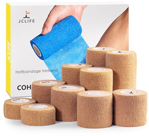 JCLIFE Lot de 10 rouleaux de bandages élastiques auto-adhésifs, 2,5 à 10 cm de large, antidérapants, idéaux pour la protection sportive et le pansement pour animaux de compagnie (Beige, Mélanger)