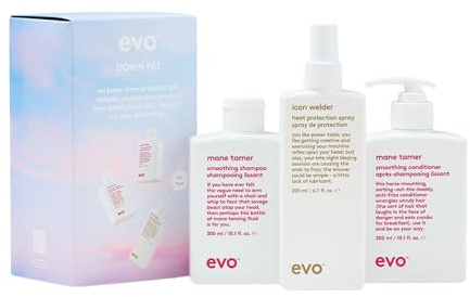 Evo Down Pat Anti Frizz Hair Products Gift Set - Smoothing Shampoo, Conditioner & Heat Spray for Unruly Hair