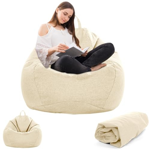 Gohytal Puff för barn och vuxna - 100 x 120 cm - För vuxna - Stor lekstol XL - Endast fodral - Inget stoppning - För inomhus och utomhus - Vardagsrumsdekoration - Beige
