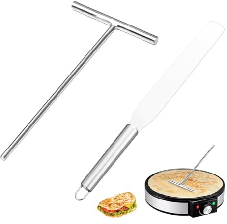 2 Piezas Acero Inoxidable Distribuidor de Crepes y Espátulas, Utensilios para Crepes, Esparcidor de Masa en Forma de T, Esparcidor de Crepe Inoxidable, Accesorios para Hacer Crepe
