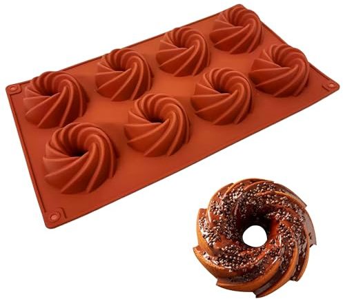SEABABOO Molde Savarin de Silicona, Ø 5,8 cm x 2,7 cm, 8 Cavidades Mini Molde Gugelhupf Silicona, Molde Bizcocho Savarin Pequeño para Pastel Brownie Muffin Chocolate, Marrón, 1 Pieza (1)