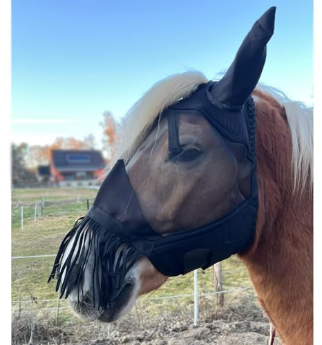 Brama-West Masque anti-mouches pour cheval avec protège-oreilles et franges nasales (XFull)