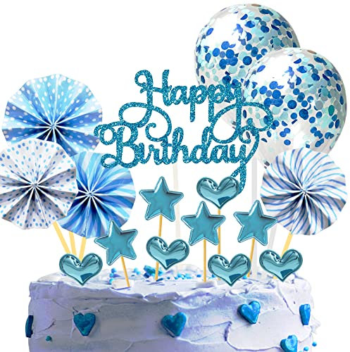 22 Stück Tortendeko Geburtstag, Happy Birthday Kuchendeko, Glitter Cake Topper Happy Birthday, Tortendeko Blau, Cupcake Topper mit Sternen Liebe Konfetti-Luftballons und Papierfächer