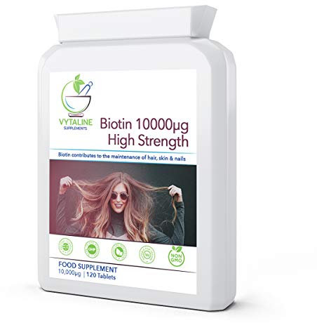 Biotin Supplement Tablets 10,000mcg | Vitamin B7 Biotin for Hair Growth, Skin, Nails Support for Women and Men, Suitable for Vegetarians/Vegans High Strength 120 Capsules – 4 Months Supply Made in UK