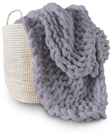 Adyrescia Chunky Knit Throw 100% Handmade with Jumbo Chenille Yarn (40 x 50, Lilac Grey)
