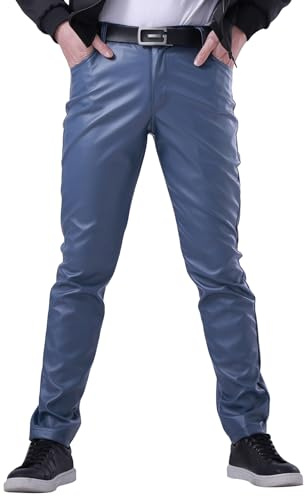 Mens PU Faux Leather Trousers Slim Fit Fake Leather Wet Look Pants Blue 34