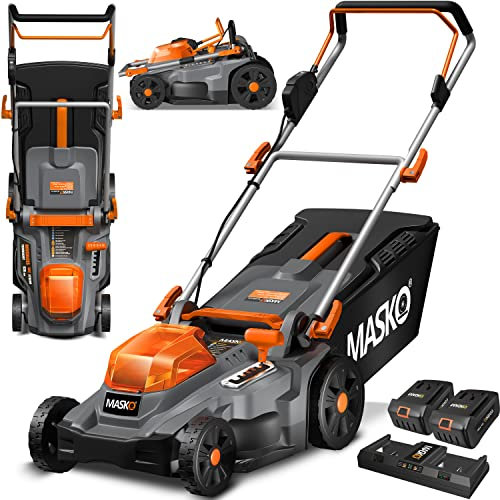 MASKO® Akku Rasenmäher mit Mulchfunktion, 2X Akkus Li-Ion Batterie 4Ah & Doppel-Ladegerät Rasentrimmer 43cm Schnitt-Breite 6X Höhenverstellbar 55L Fangkorb Flächen bis 650m² inkl. Handschuhe & Bürste