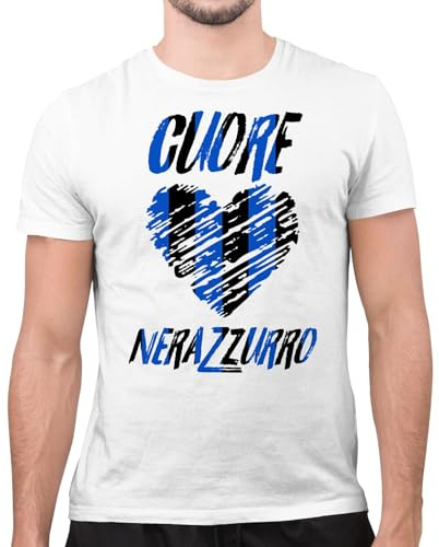 CHEMAGLIETTE! Maglietta Divertente Uomo - T-Shirt Divertenti con Stampa Spiritosa e Simpatica - Regalo Originale, Maglia con Scritte Ironiche - Grafica Tifosi - Cuore Nerazzurro, Bianco, XL