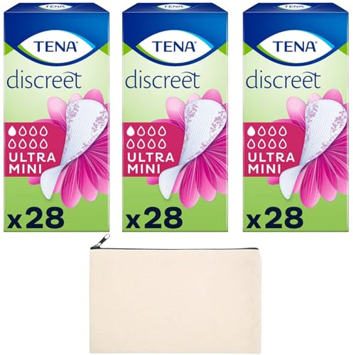 Tena Discreet Pads for Women Bundle with Ultra Mini Panty Liners Fresh Odour Control 3 Packs of 28 Pads and Wishesla Cream Fabric Bag for Stylish Storage