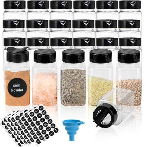 LOSYHU 24 Pack Plastic Seasoning Bottles with Shaker Lids 4.2oz/120ml Plastic Spice Jars Clear Seasoning Containers Square Spice Bottles for Spice, Herbs, Powders and Kitchen Storage