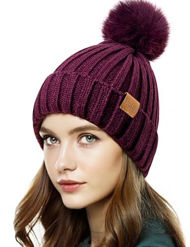 PIOZAED Bonnet d'hiver Chaud doublé en Polaire avec Pompon en Fausse Fourrure pour Femme, Violet, Taille Unique