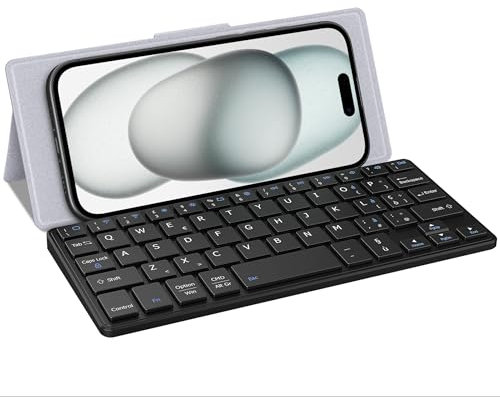 CACOE Tastiera Bluetooth Con Supporto, Mini Portatile Super Leggero, Pieghevole, A Doppio Canale per Cellulare, Smartphone e Altro iOS Android Windows, Grigio Chiaro
