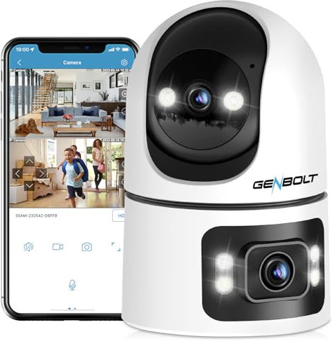 GENBOLT Caméra Surveillance WiFi Intérieure, CCTV Caméra Sécurité IP Domestique IP à Double Objectif 360° Détection Humaine Intelligent, Nanny Pet Dog Cam, 2.4&5GHz Double Moniteur de bébé WiFi