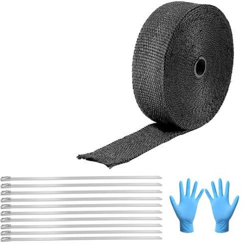 ATSGJLZN 10M x 5cm Auspuff Dichtband, Hitzeschutzband Auspuff, Hitzeschutzband Basaltfaser Auspuffband mit 10 Stück Edelstahl Kabelbinder, Auspuffband Hitzebeständig für Motorrad Auto Fächerkrümmer