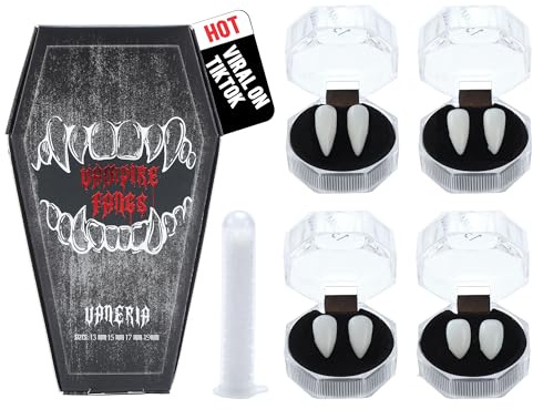 VANERIA 4 Pairs Vampire Fangs,4 Size Fangs For Cosplay Halloween with Tube Solid Adhesive,Vampire Coffin Gift Box Design,Fake Fangs Vegan/Cruelty Free