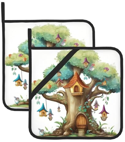 2Pcs Pot Holders with Pocket, Heat Resistant Hot Pad for Countertops, Oven Hot Pads Cute Fairy Tree Potholders for Kitchen Cooking Baking Trivet 8 inch Oven Potholders Pad