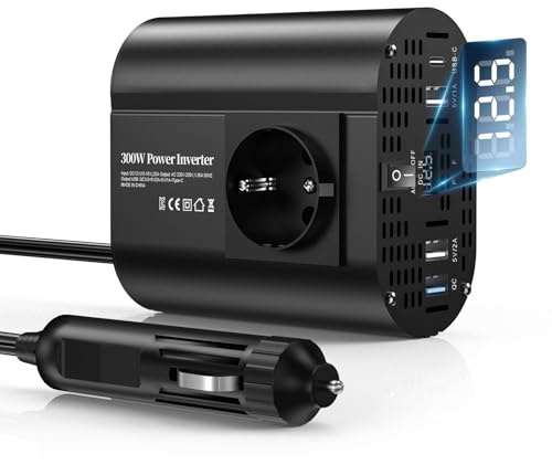 TAGEEBLU 300W inverter 12v 220v, inverter auto con 1 presa, tipo C 30W, ricarica rapida USB 25W, 3 porte USB, display LED