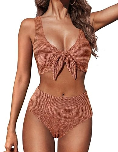 Hanna Nikole Set bikini da donna, costume da bagno modellante, push up due pezzi moda mare, bikini a vita alta testurizzato, costume da bagno modesto, moda da spiaggia curvy glitter con nodo a