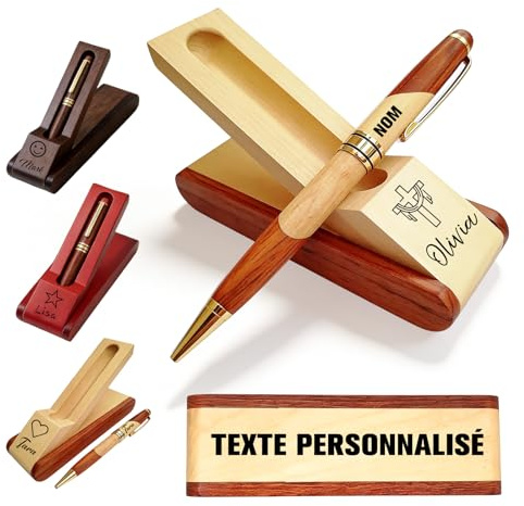QSZ Stylo à Bille en Bois Personnalisé avec Gravure Nom Texte Stylos et Boîte à Stylos Personnalisable Cadeau pour Homme Femme Petit Ami Collègue (stylo personnalisé)