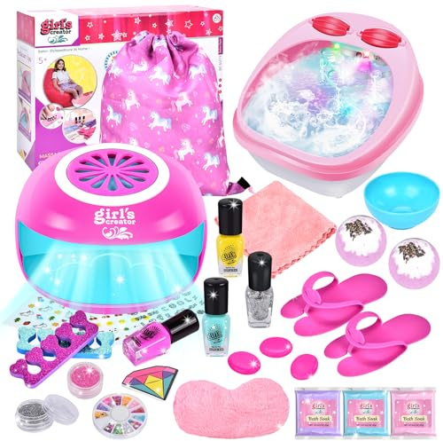 JONRRYIN Salon de manucure pour enfants et filles, kit de salon de manucure pour enfants et pieds, bain de pieds avec hydromassage, cadeaux pour filles, kit de vernis à ongles, art des ongles pour