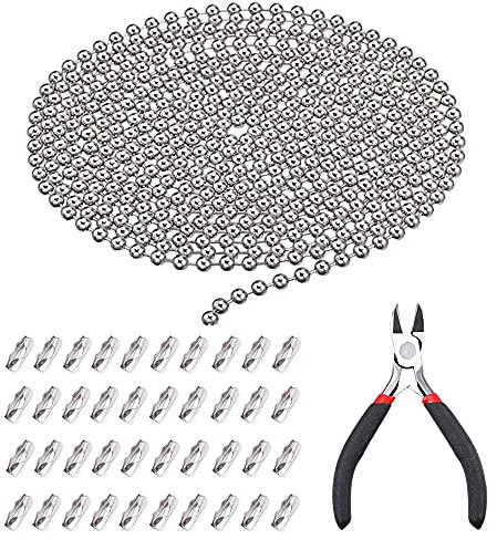 Zasvec Chaîne de Billes en Acier Inoxydable 15M Chaîne d'Extension Perlée Perle de Connecteur Ajustable Boule Collier 2.4 mm Diamètre avec 150 Connecteur 1 Pince pour Pendentif Porte-clés