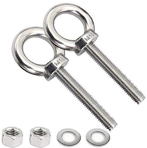 AIVOOF Bulloni a occhiello in acciaio inox, confezione da 2 viti M10 per spalla, 3/8 x 5,1 cm, ganci per occhi con rondella e dadi per sollevamento anello oculare