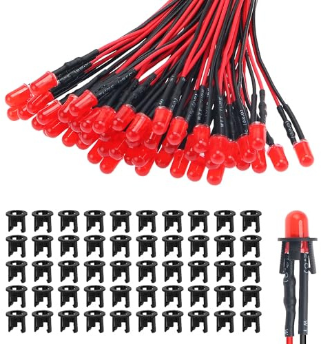 Lyeteung 50 Stycken 5mm 12V Förtrådda LED Dioder Ljus med Diffus Färgad Lins, Röd, 20cm Förtrådda LED Lysdioder + 50 Stycken 5mm Plast LED Hållare