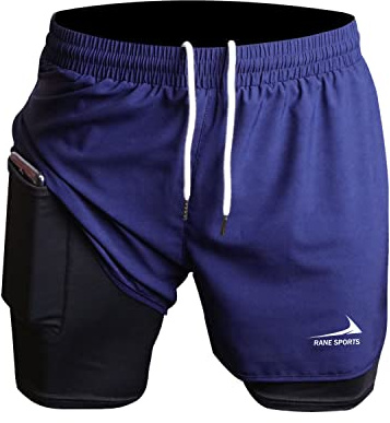 Rane Sports Pantalones Cortos Deportivos 2 en 1 para Hombre, Ideales para Gimnasio, maratón, Entrenamiento al Aire Libre Azul Marino M