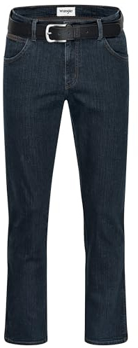 Wrangler Texas Herren-Stretchjeans Regular Fit Authentic Straight in verschiedenen Waschungen mit Gürtel in schwarz oder braun (W38/L30, Blue Black + schwarzer Gürtel)