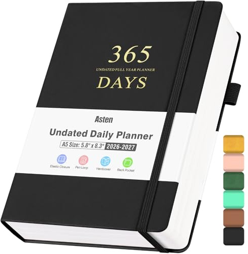 Planer, Undatierter Tagesplaner mit To Do Liste, 365 Tage Planer für ADHS Erwachsene, Agenda für Frauen Männer, Produktivitätsplaner mit Kalender, 21.1 cmx14.7 cm (Schwarz)