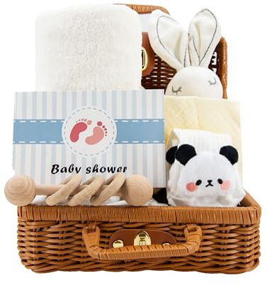 7-in-1 Set de Regalo para Bebé Recién Nacido, Niños Niñas Personalizados Cesta para Baby Shower, con Bebe Muselina, Babero Bandana, Sonajero, Toalla de baño, Manta de seguridad, Calcetines, Blanco