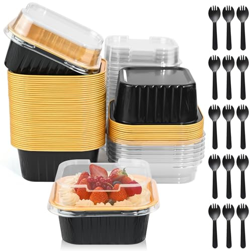 150PCS/50 Sets Mini Loaf Cake Cases, 150ML Reusable Loaf Pans with Lids and Spoons Use for Air Fryer Oven, Aluminum Foil Baking Pans Tray Bake Tins for Making Baking Bread, Cake, Cheesecake
