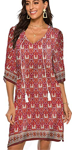 BDTECAOR Dam, vintage, etnisk stil, blommönster, bohemisk tunika, klänning, V-ringad, 3/4-ärm, strandklänningar, sommarklänningar, Litchi röd, XL