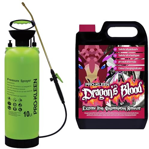 Pro-Kleen Dragon's Blood Iron Contamination Fallout Remover 5L - For all Wheels, Paintwork & Glass, Concentrated, pH Neutral, Alloy Wheel Rim Cleaner with 10L Garden Pump Sprayer