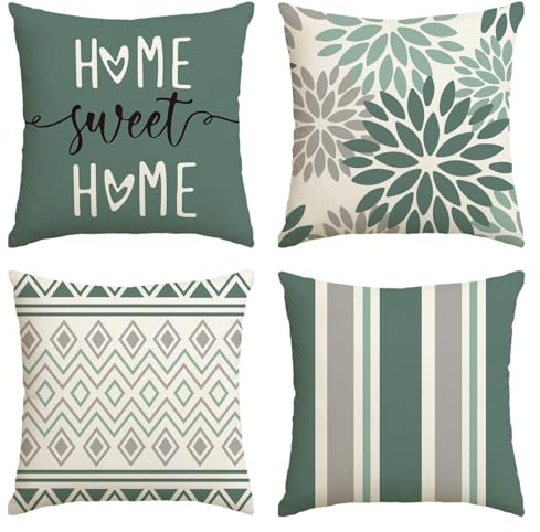 Artoid Mode Dahlias Verde Agua Geométrico Motivo Floral Funda de Cojín Lote de 4, 45x45 cm Funda de Cojín Decorativa para Sofá Salón Exterior Decoración
