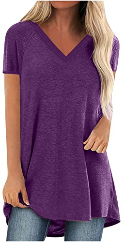 2024 T Shirt Long Femme Grandes Tailles Classique Coupe Ample, T-Shirt Femme À Manches Courtes Col Rond Tops D'Été,Tee Shirt De Sport Femme Casual Tops Tunique Elégante Couleur Solide Été