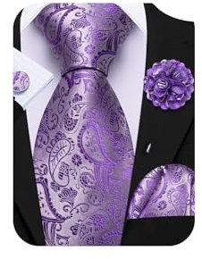 Barry.Wang Lilac Tie 63 Extra Long Paisley Silk Necktie Light Purple Pocket Square Cufflinks and Lapel Pin Wedding