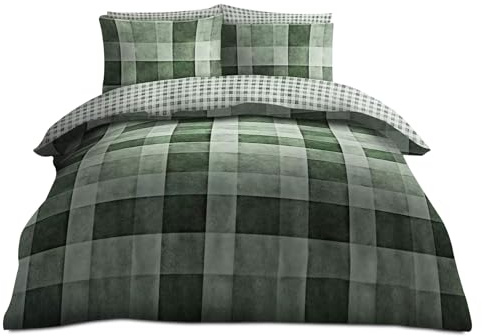 VELVETIO Denim Check Beddings Duvet Cover and Pillowcases, Soft Reversible Tartan Checked Quilt, Breathable Printed Blocks Checkered Lightweight Bed linen Comforter Set, Double Size, Green