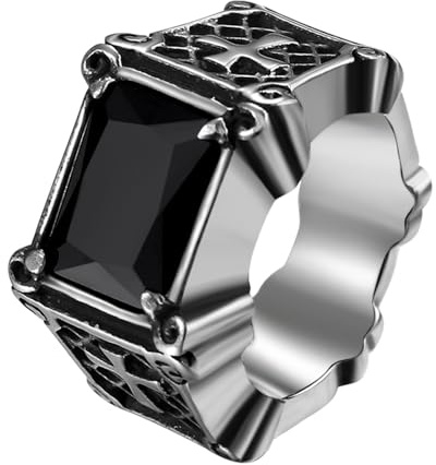 OIDEA Korsring för män med svart onyx: rektangulär onyx stenring kors sigillring i rostfritt stål riddargotiska present för den älskade eller pappa storlek 64