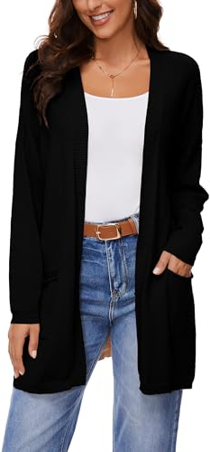 BERESIA Cardigan Aperto in Cotone 100% per Donna con Tasche, Maniche Lunghe, Morbido, Oversize, Maglione Casual da Donna, Nero, S
